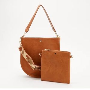 AHDORNED set: Double-Entry U-Shaped Messenger w/ 2 Straps & Pouch; CAMEL color